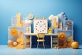 Composition of a desk, chair, clock, textbooks, yellow numbers, orange flowers on blue background. 3D rendering, product