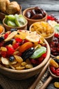 Composition with different dried fruits on wooden background Royalty Free Stock Photo