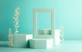 Composition of different geometric objects on pastel mint backdrop. Abstract background with hexagon shape podiums
