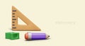 Composition with different office supplies. Purple pencil, wooden ruler, and green sharpener Royalty Free Stock Photo