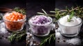 Composition with different salt and herbs on light background, closeup, generative ai