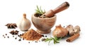 Composition with different spices and mortar on white background Royalty Free Stock Photo