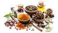 Composition with different spices and mortar on white background Royalty Free Stock Photo