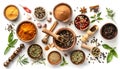 Composition with different spices and mortar on white background Royalty Free Stock Photo