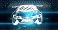 Composition of digital hexagons and blue spots over car drawing Royalty Free Stock Photo