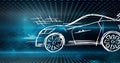 Composition of digital hexagons and blue spots over car drawing Royalty Free Stock Photo
