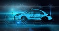 Composition of digital hexagons and circuit board over car drawing Royalty Free Stock Photo