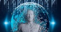 Composition of digital human and globe with network of connections over binary coding processing Royalty Free Stock Photo