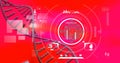 Composition of dna strand, brain and medical data processing on red background Royalty Free Stock Photo