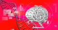 Composition of dna strand, brain and medical data processing on red background