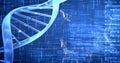 Composition of dna strand and medical data processing over blue background Royalty Free Stock Photo