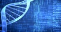 Composition of dna strand and medical data processing over blue background Royalty Free Stock Photo