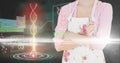 Composition of dna strand and medical data processing on screen over woman holding whisk Royalty Free Stock Photo