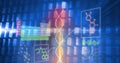 Composition of dna strand and scientific data processing on blue background Royalty Free Stock Photo