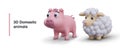 Composition with domestic animals. Realistic fluffy sheep and pink pig Royalty Free Stock Photo