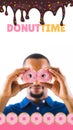 Composition of donut time text with donut icons and biracial man holding donuts
