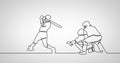 Composition of drawing line with people playing baseball on white background Royalty Free Stock Photo