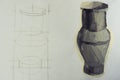 Composition of drawing sketch of three-dimensional vase and painting of grey vase on white background drawn by child.