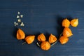 Composition of dried flowers on a blue wooden background. Buds of orange physalis on a wooden table.