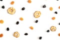 Composition of dried fruit pattern. Pieces of apples, apricots, plums.