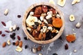 Composition with dried fruits and assorted healthy nuts Royalty Free Stock Photo