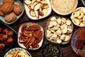 Composition with dried fruits and assorted healthy nuts Royalty Free Stock Photo