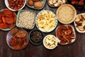 Composition with dried fruits and assorted healthy nuts Royalty Free Stock Photo