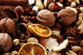 Composition with dried fruits and assorted healthy nuts on rustic background for christmas Royalty Free Stock Photo