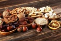 Composition with dried fruits and assorted healthy nuts in wooden bowls Royalty Free Stock Photo