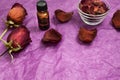 Composition of dried red roses, rose petals and dark bottle on a purple paper background. Dry red flowers and petals in a glass Royalty Free Stock Photo