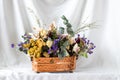 composition of dry flowers in a vase, white fabric background, still life Royalty Free Stock Photo