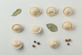 Composition with dumplings, bay leaves and pepper on white Royalty Free Stock Photo