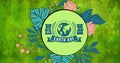 Composition of earth day text and green globe logo, with leaves and flowers on green background Royalty Free Stock Photo