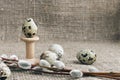 Composition of Easter eggs on a background of rough canvas. Egg on a wooden stand and willow branches with quail eggs Royalty Free Stock Photo