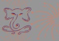 Composition of elephant head design in double lines with decorative orange elements on grey