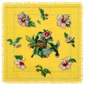 Composition from embroidered flowers and birds, cross-stitch on textile canvas, isolated on white background