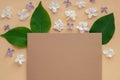 Composition with empty envelope and beautiful spring lilac flowers on beige background. Mockup card invitation greeting Royalty Free Stock Photo
