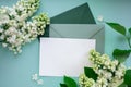 Composition with empty green envelope and beautiful spring lilac flowers on mint background. Mockup card invitation Royalty Free Stock Photo