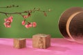 Composition empty podium material tree and spring flowers. Empty background composition for cosmetic product