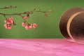 Composition empty podium material tree and spring flowers. Empty background composition for cosmetic product