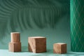 Composition empty podium material wood and stone geometric shape. Product presentation. Pastel green background and