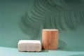 Composition empty podium material wood and stone geometric shape. Product presentation. Pastel green background and