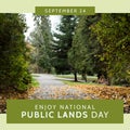 Composition of enjoy national public lands day text with landscape on green background