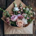 Composition with envelope and beautiful spring flowers Royalty Free Stock Photo