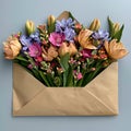 Composition with envelope and beautiful spring flowers Royalty Free Stock Photo