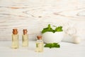 Composition with essential oil in glass bottles Royalty Free Stock Photo