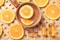 Composition with essential oils and orange slices on table, top view Royalty Free Stock Photo