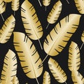 Composition of exotic gold palm banana leaf on a black background.