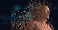 Composition of exploding human bust formed with orange particles, digital elements and binary coding Royalty Free Stock Photo