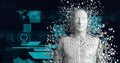 Composition of exploding human bust formed with white particles, digital elements and binary coding Royalty Free Stock Photo